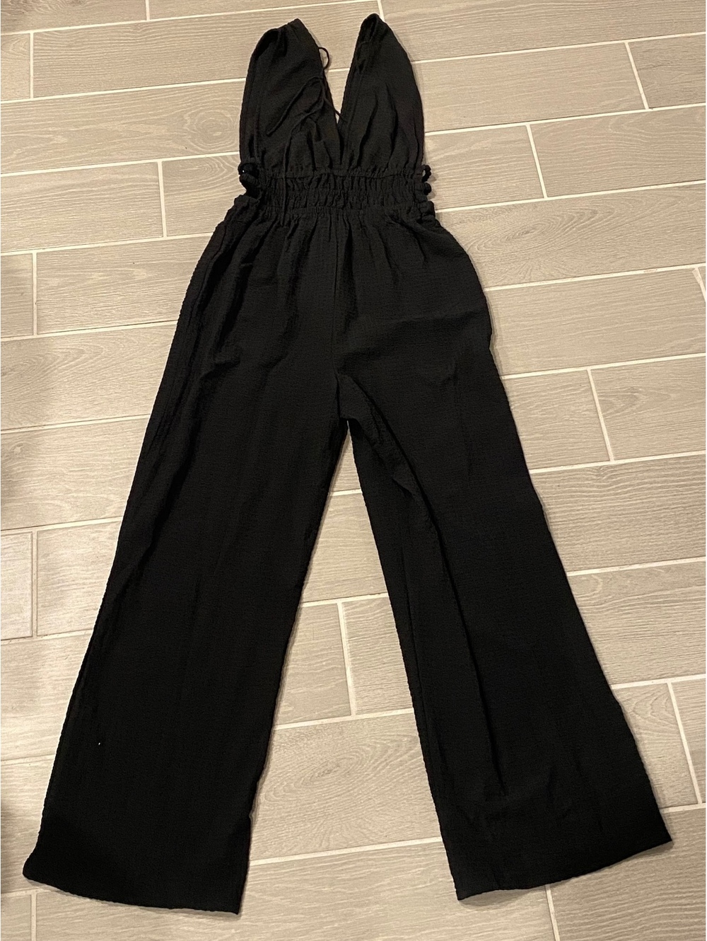 Blush Black Wide Leg Jumpsuit with Smocked Waist, Size M